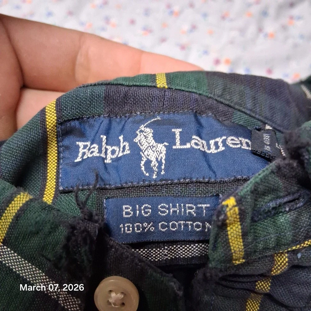 VTG‎ Polo by Ralph Lauren Big Shirt Blue and Green Plaid Size Medium Distressed